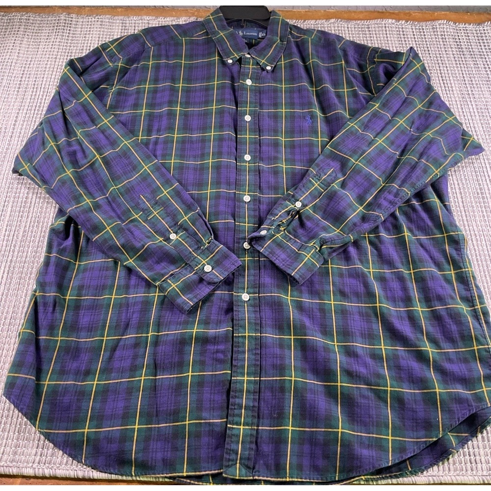 Ralph Lauren Blake Shirt Mens XL Blue Green Plaid Cotton Button Down Long Sleeve